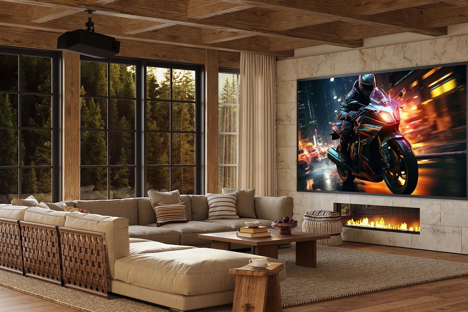 Rustic living room with a projector and a large screen displaying a motorbike scene
